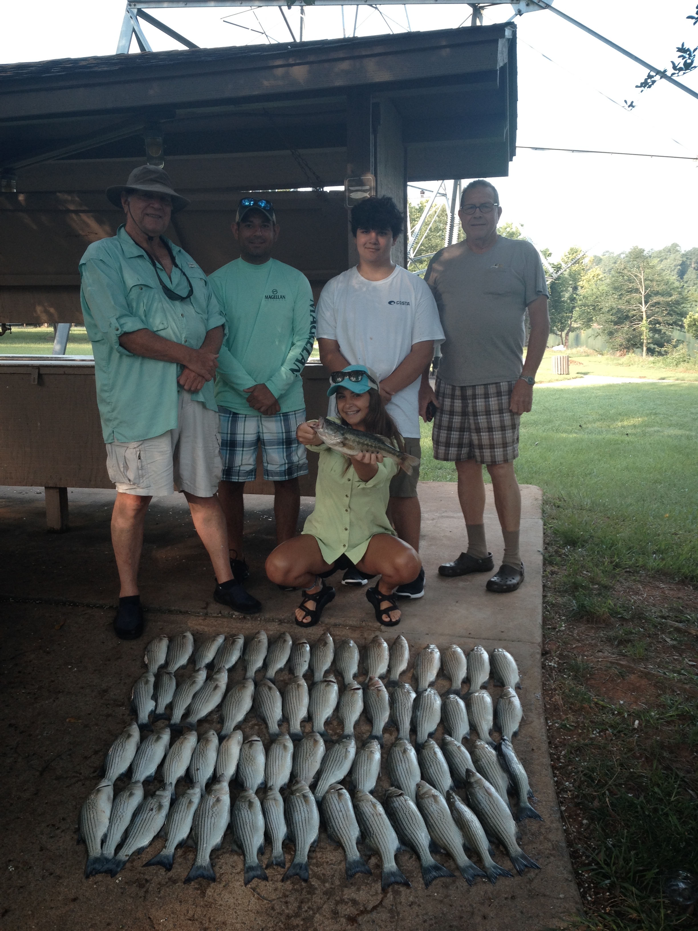 July 8, 2017 RayWalker, Robert Robinson, Reese Perez, Ronnie Walker, and Daphne Walker with their limit of stripers and hybrids